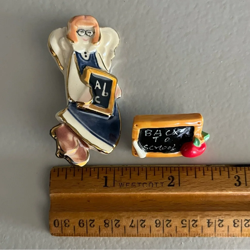 2 Teacher Angel Set Pin Brooch Iridescent School Teacher Chalkboard gift Vintage